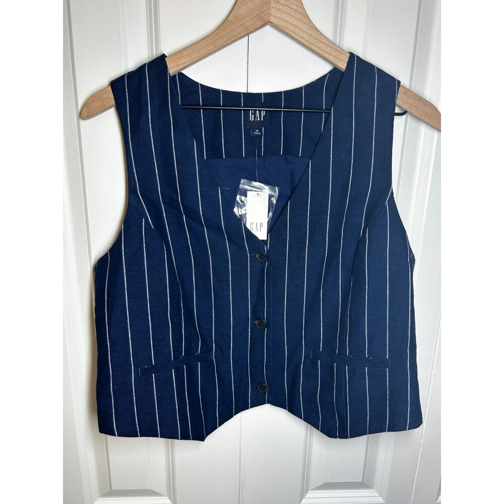 Gap NWT Linen-Cotton Pinstripe Vest Top Navy Blue Size M Waistcoat